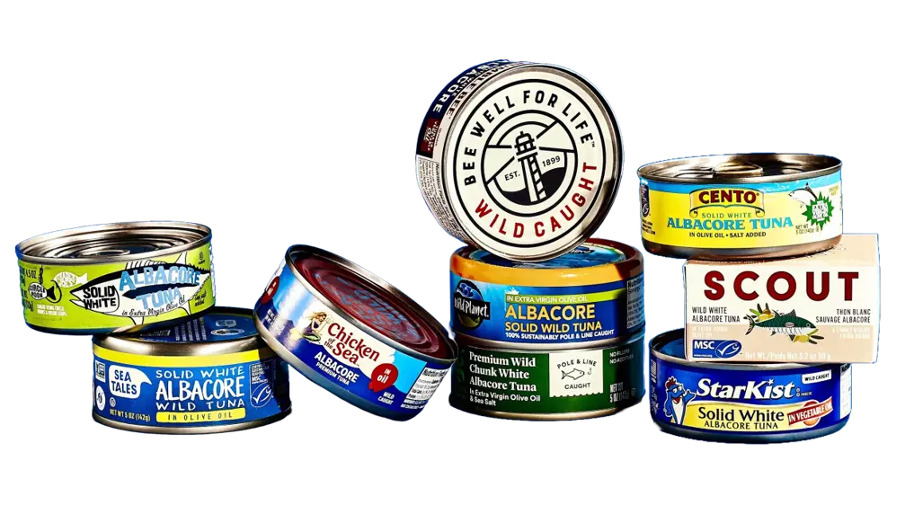 Various tuna cans stacked